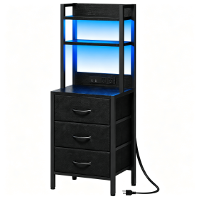 3-Drawer Nightstand with Charging Station and LED Light, Fabric Storage Dresser with 2-Tier Open Shelf
