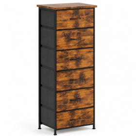 6 Drawer Dresser, Tall Narrow Storage Chest with Rustic Wood Print Fabric Drawers, Steel Frame Dresser for Bedroom Closet Entryway, Wood Top