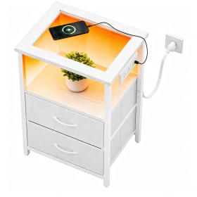 Nightstand with Charging Station, Glass Top End Table with RGB LED Light