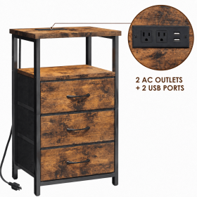 Nightstand with Charging Station, 3-Drawer Fabric Dresser End Table with Power Outlet & USB Ports, Rustic Brown Nightstand with Open Shelf for Be