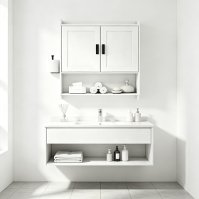 Bathroom Wall Mounted Cabinet, Engineered Wood Wall Organizer with Adjustable Inner Shelf, Towel Bar, Toilet Paper Holder for Bath, Kitchen