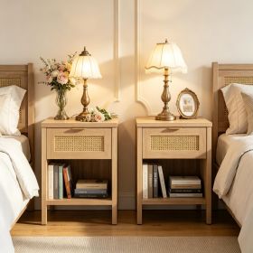 Rattan Nightstand with Charging Station And Storage Shelf for Bedroom - Modern Design Wood Top