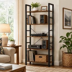 62.2 Inch 5 Tier Industrial Bookshelf, Rustic Wood Metal Open Display Shelf, Freestanding Storage Rack for Books, Vinyl Records, Plants