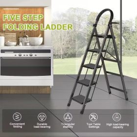 5 Step Ladder with Anti-Slip Pedals, Foldable Steel Step Stool with Tool Tray, 300LBS Capacity Portable Ladder for Home, Kitchen, Library, Office
