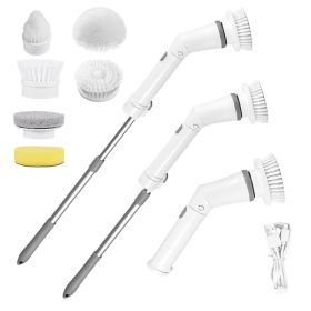 1Set Electric Spin Scrubber Cordless Rechargeable Telescopic Cleaning Brush 6 Replaceable Heads 2 Speed Adjustable Extension Arm Bathroom Tub Til (Option: White)