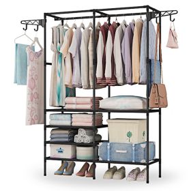 Metal Garment Rack Shoe Clothing Organizer Shelves Freestanding Multifunctional Clothes Wardrobe (Color: black)
